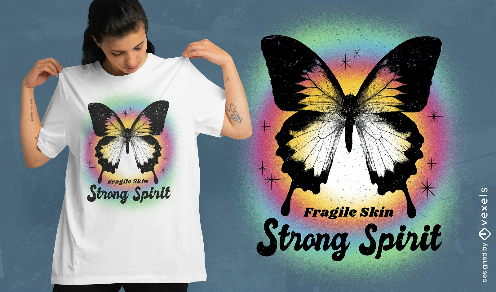 camiseta holográfica mariposa arcoiris psd