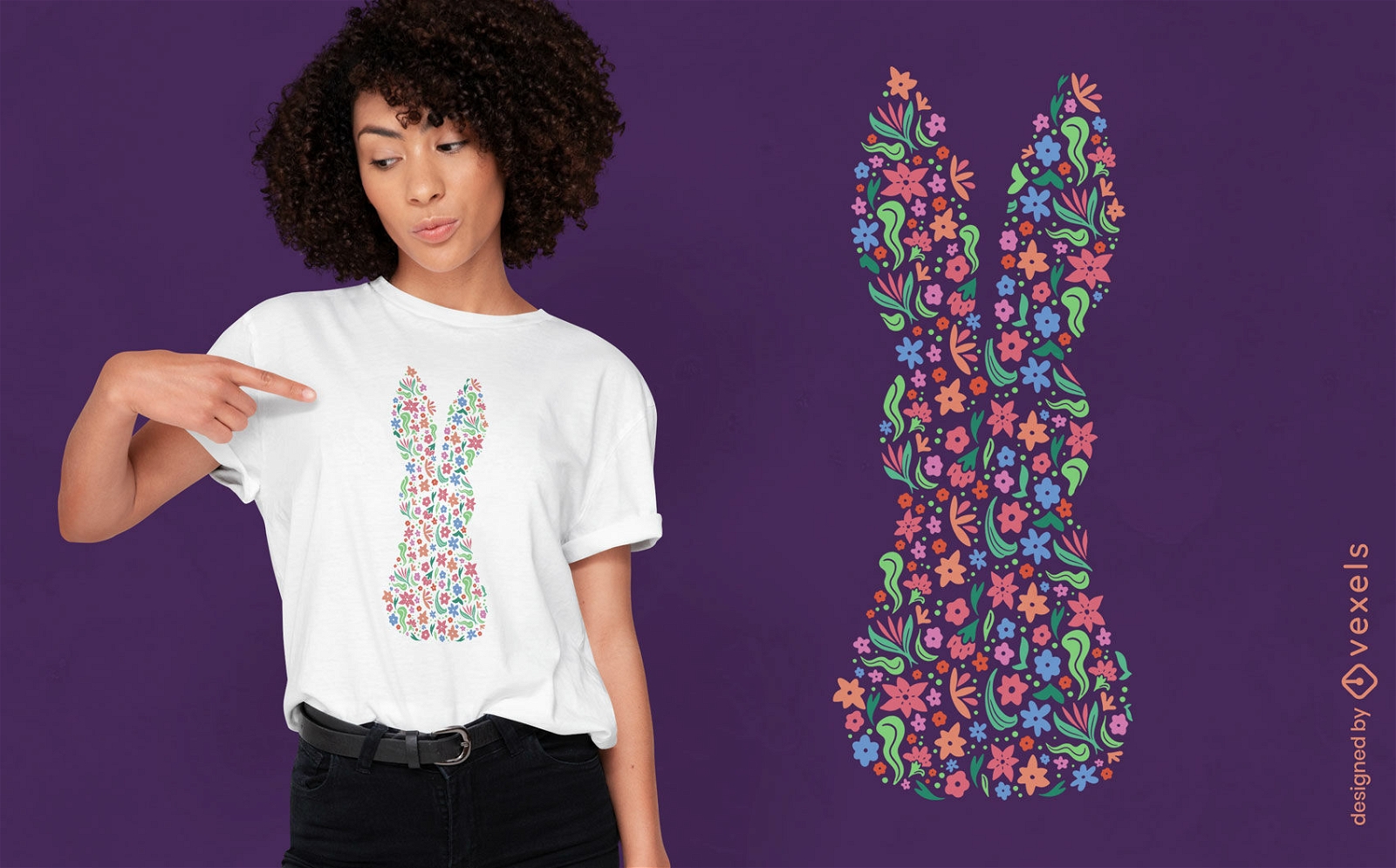 Diseño de camiseta de silueta de conejito floral
