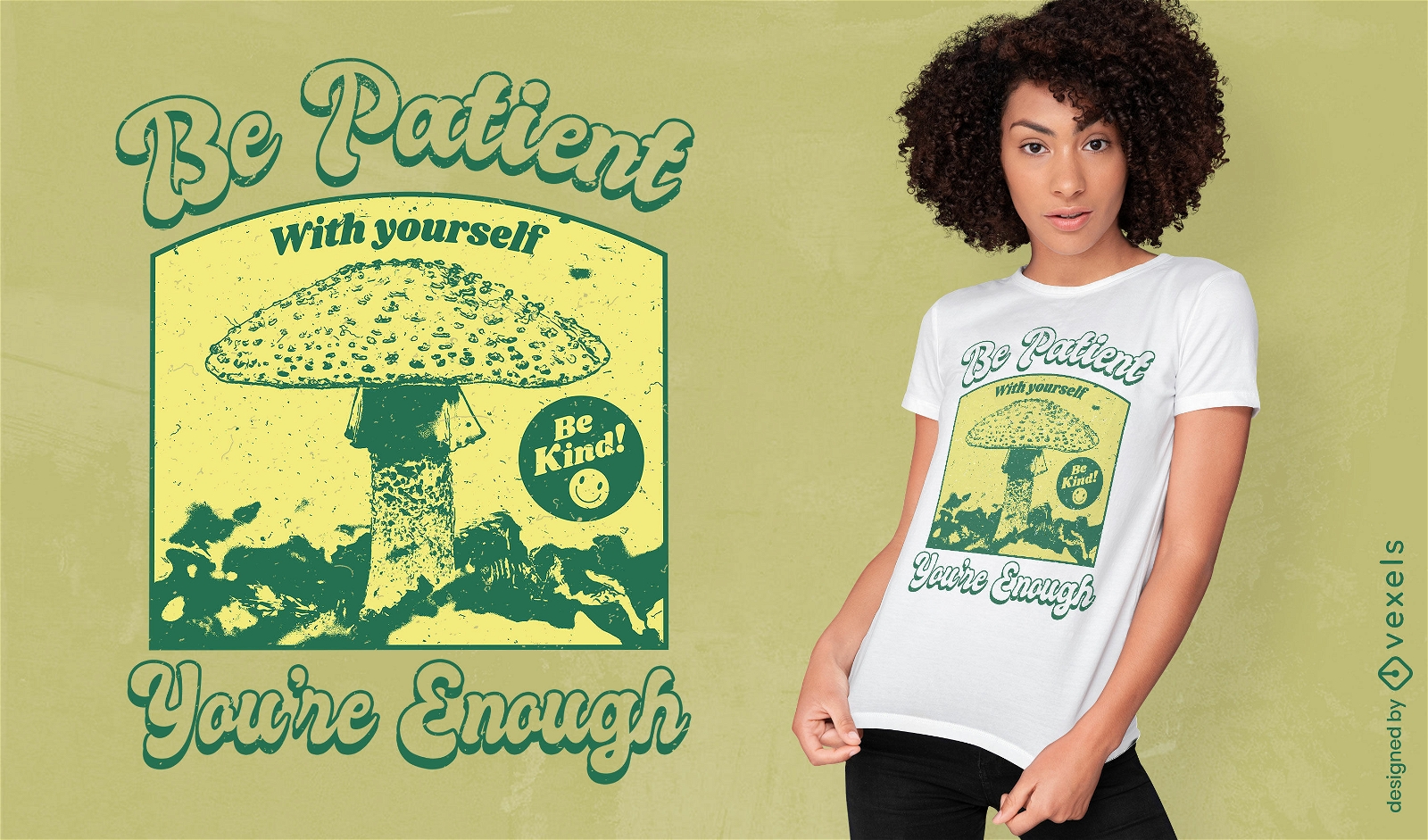Green mushroom in nature retro t-shirt psd
