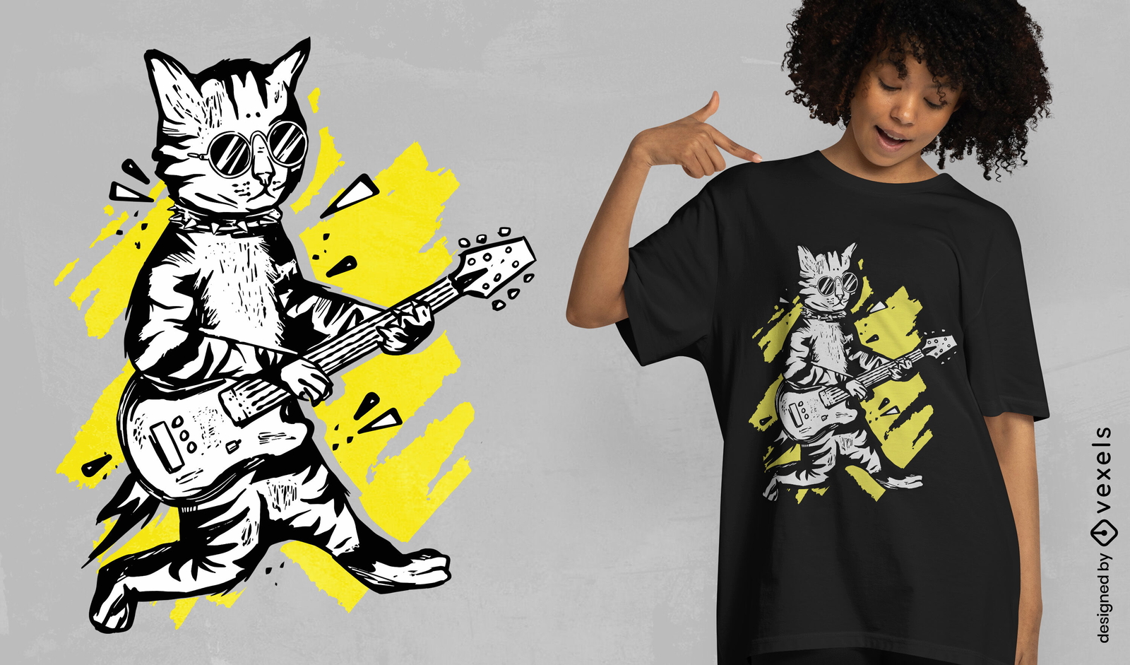 Design de camiseta de gato tocando guitarra elétrica