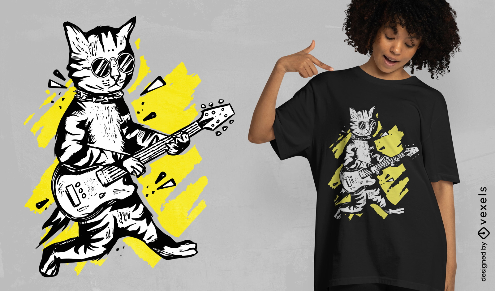 Gato tocando diseño de camiseta de guitarra eléctrica.