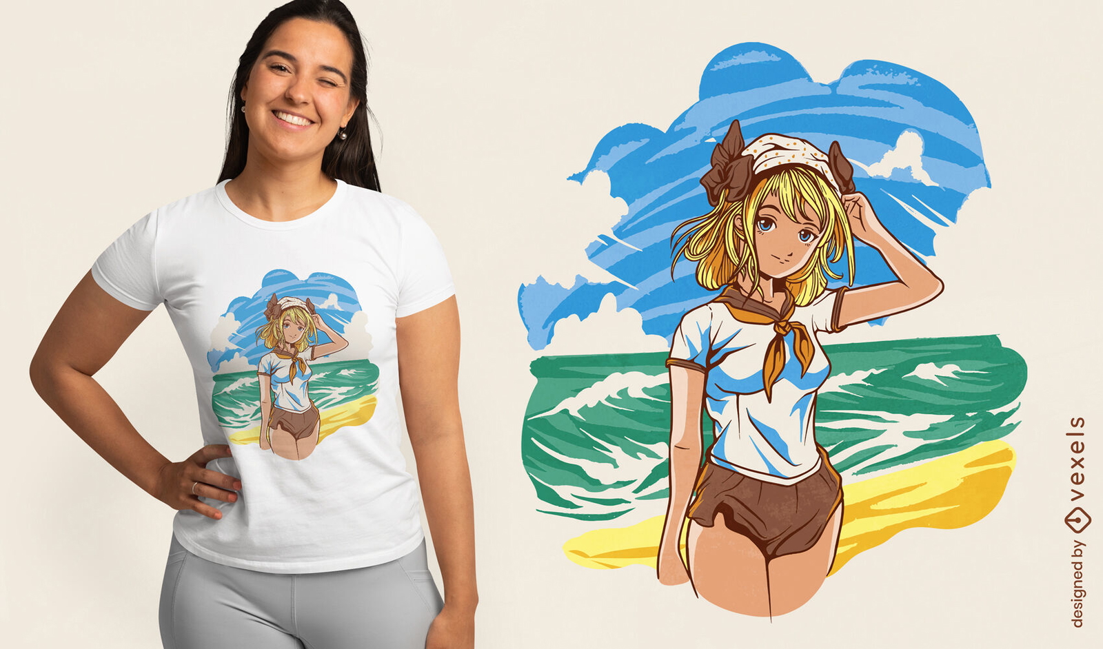 Chica rubia de anime en el diseño de camiseta de playa.