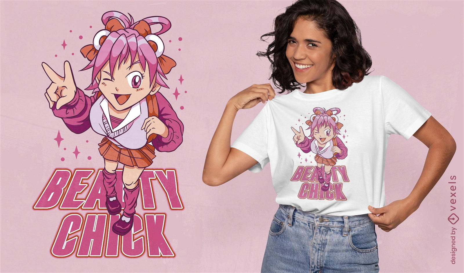 Diseño de camiseta de chica anime de pelo rosa.