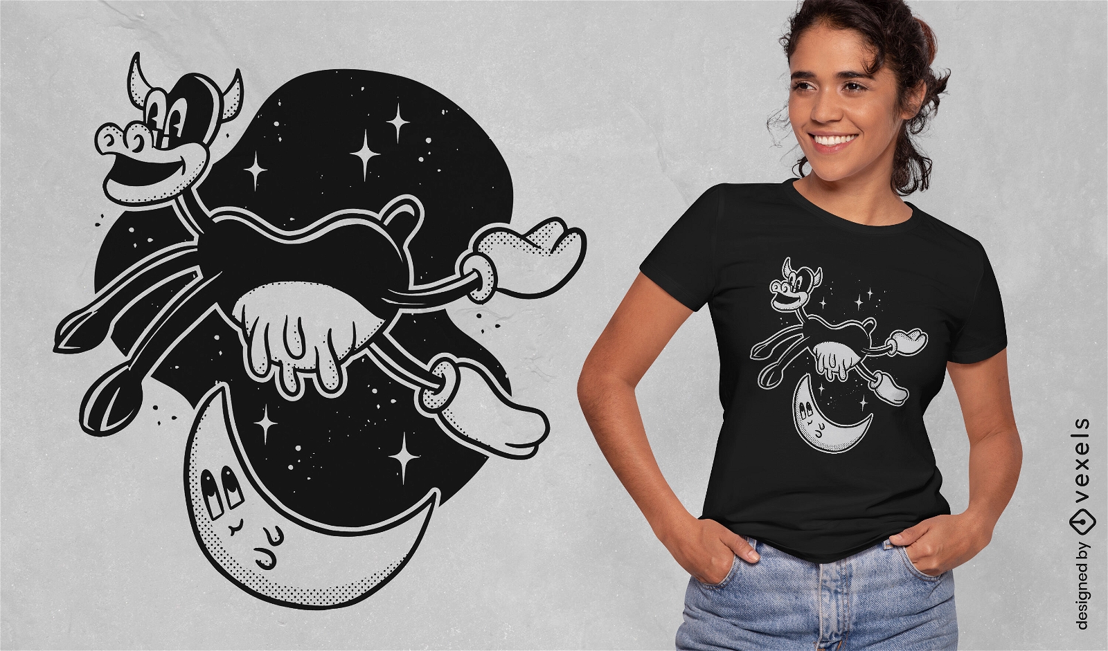 Diseño de camiseta de vaca saltando en la luna.