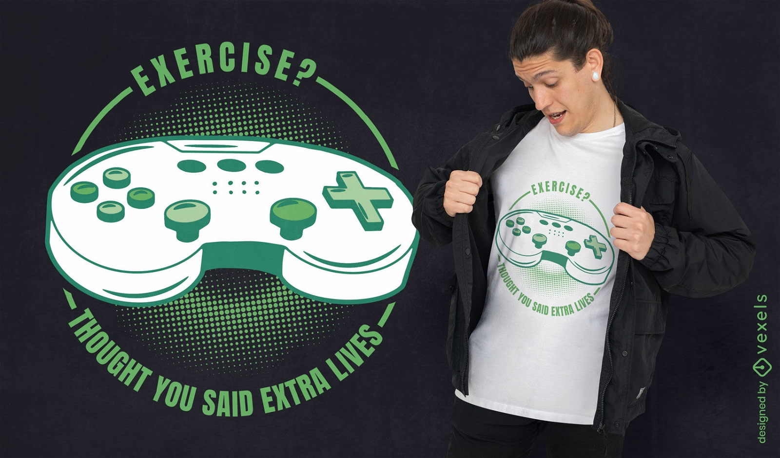 Diseño de camiseta de joystick verde y blanco.