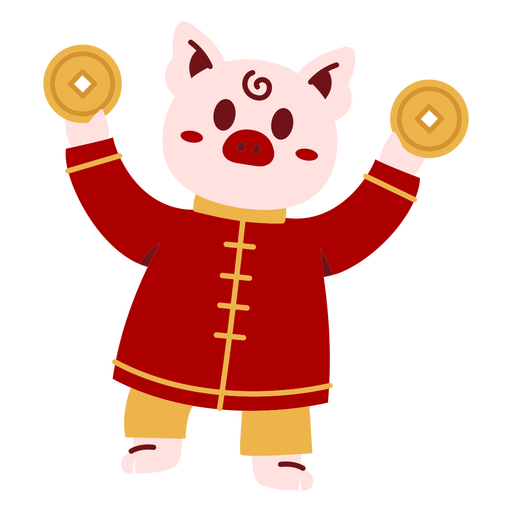 Lindo personaje de dibujos animados de cerdo celebrando con monedas Diseño PNG