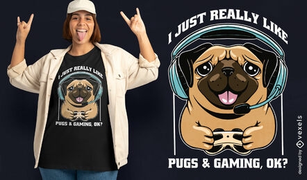 Pug dog playing videogames t-shirt design