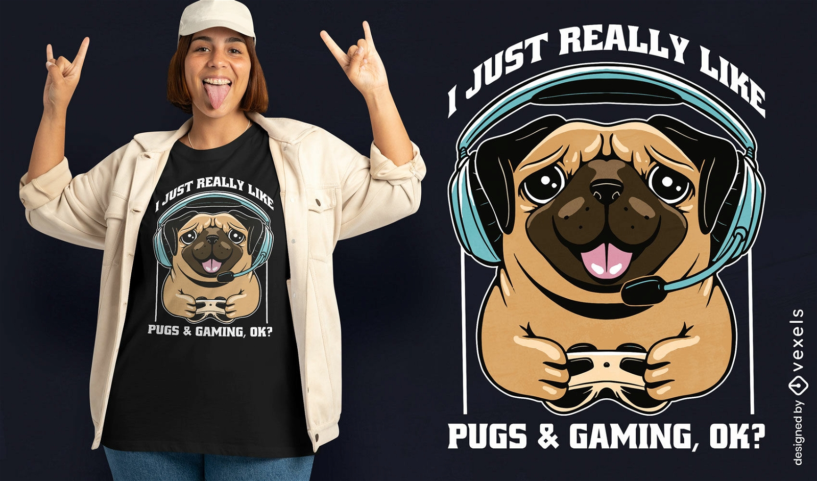 C?o Pug jogando videogame design de camiseta