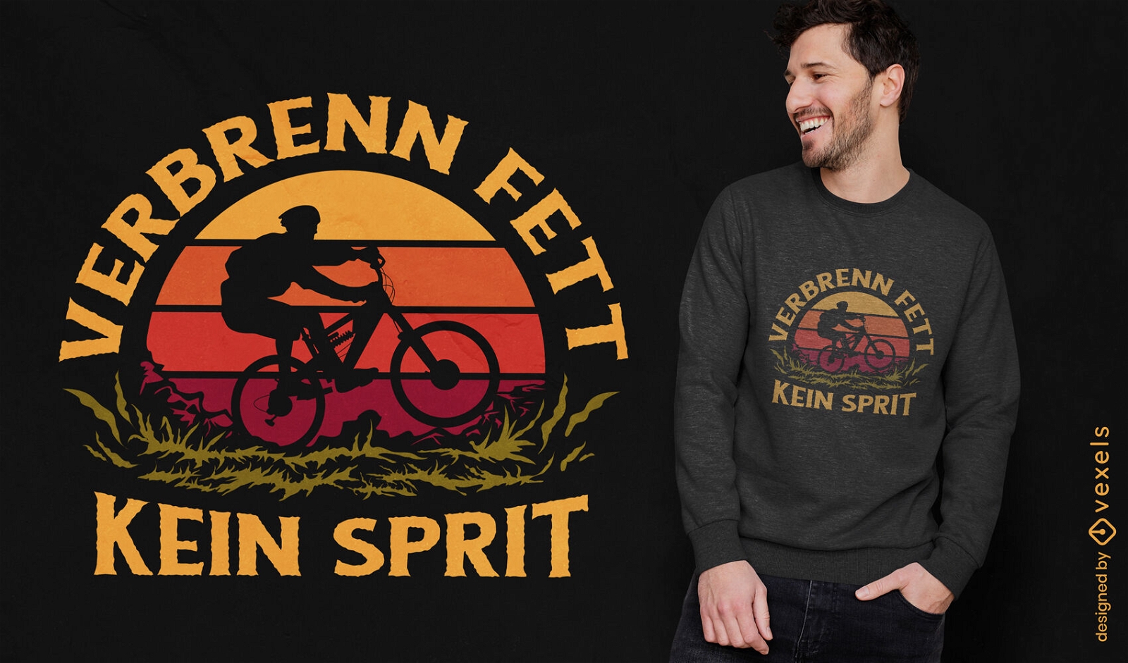 Mann auf Fahrrad Retro-Sonnenuntergang-T-Shirt-Design