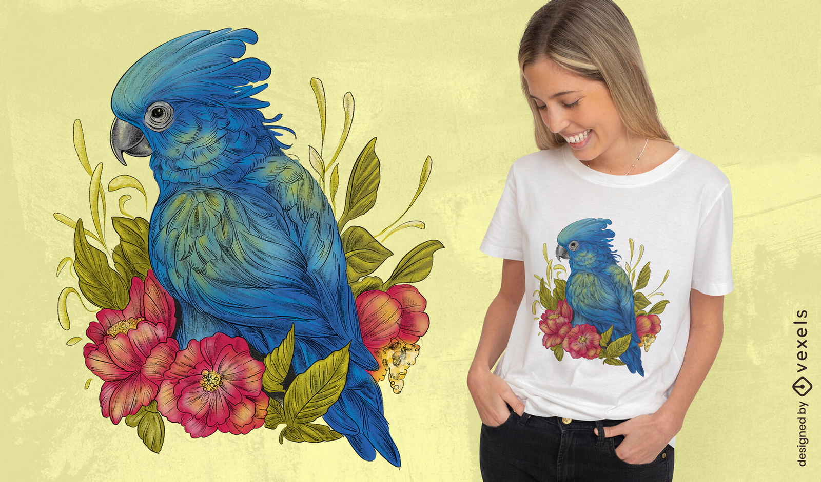 Diseño de camiseta floral de loro azul.