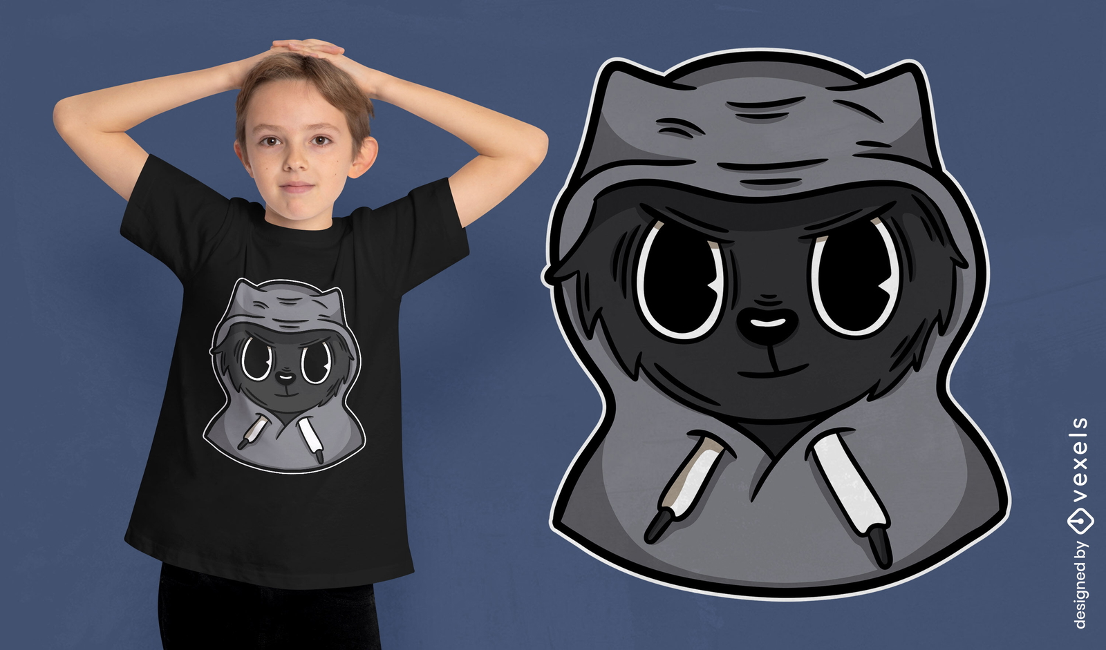 Gato negro con diseño de camiseta con capucha