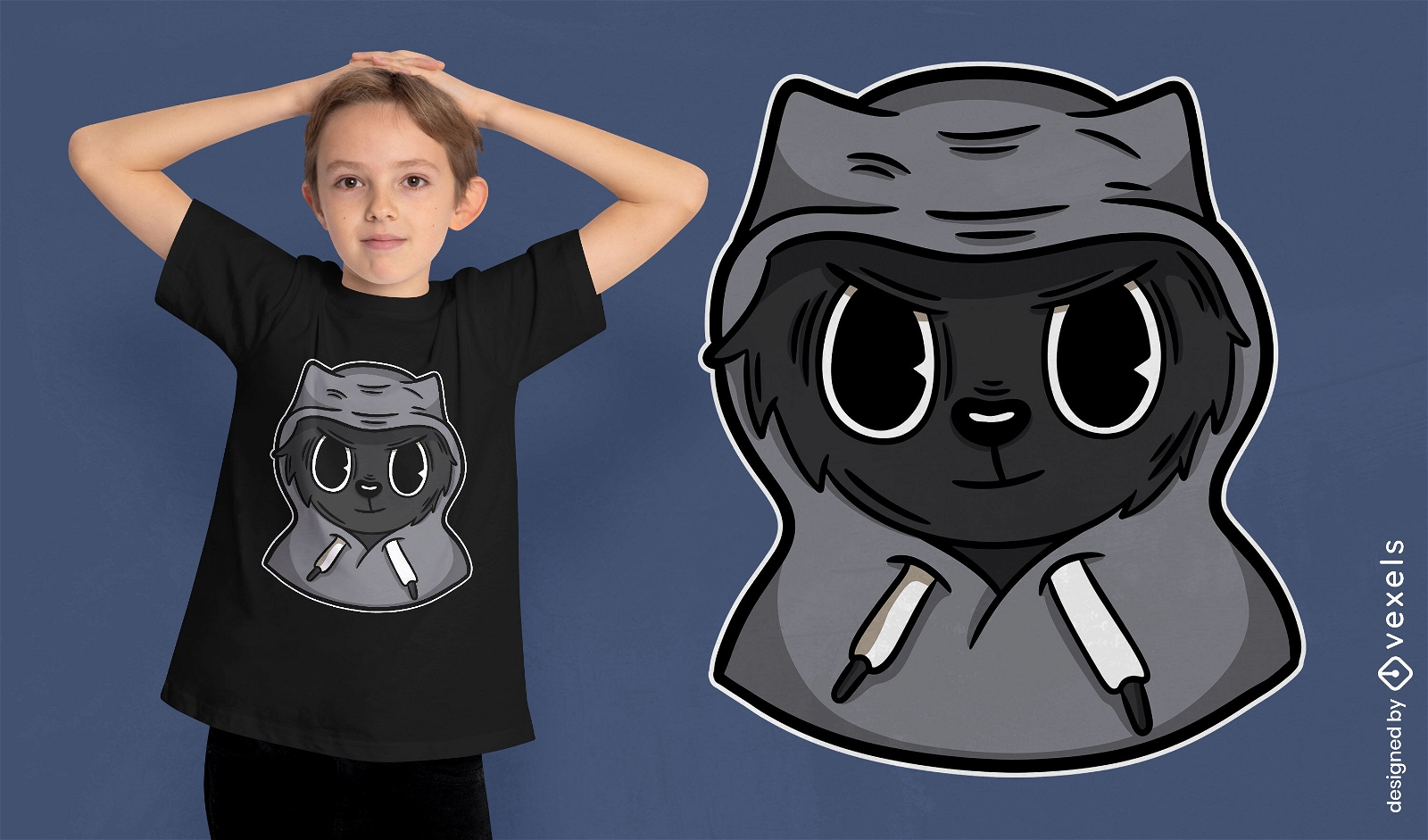 Gato preto com design de camiseta com capuz