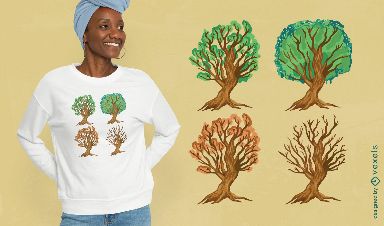 Árvores em design de camiseta de diferentes estações