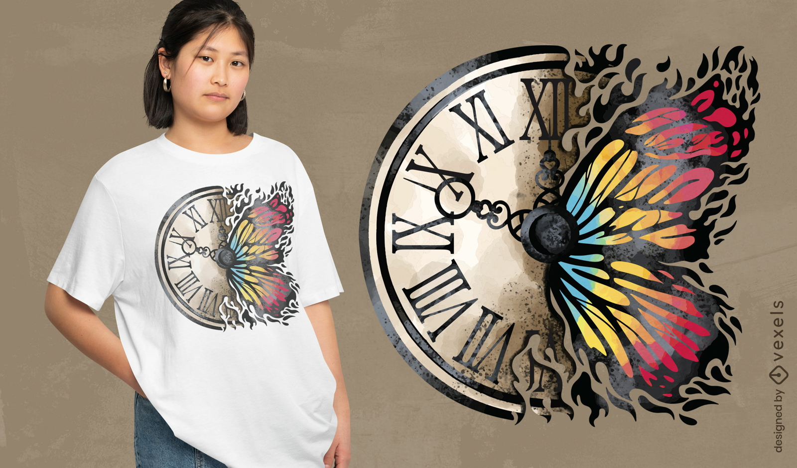 Design de camiseta de borboleta e relógio vintage