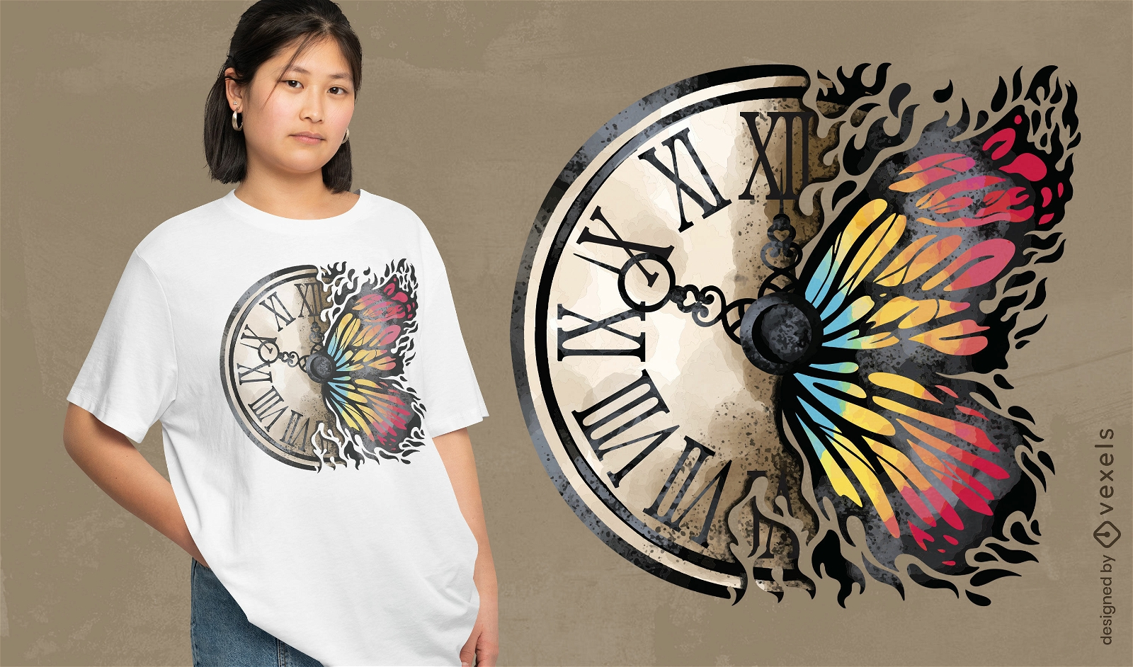 Diseño de camiseta de mariposa y reloj vintage.