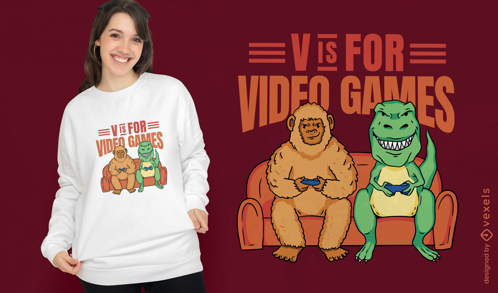 Diseño de camiseta de videojuegos T-rex y big foot