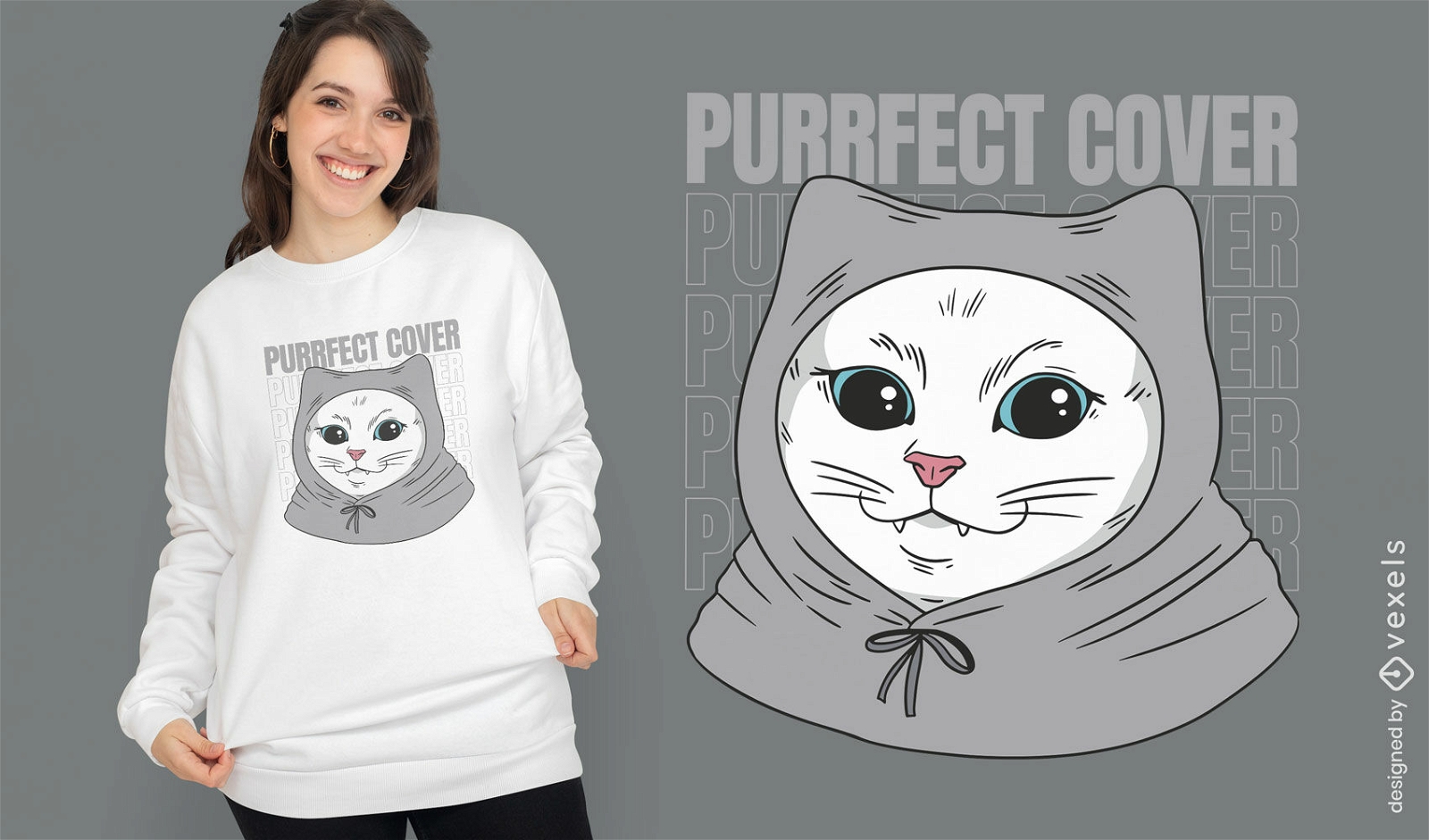 Katze mit grauem Hoodie-T-Shirt-Design