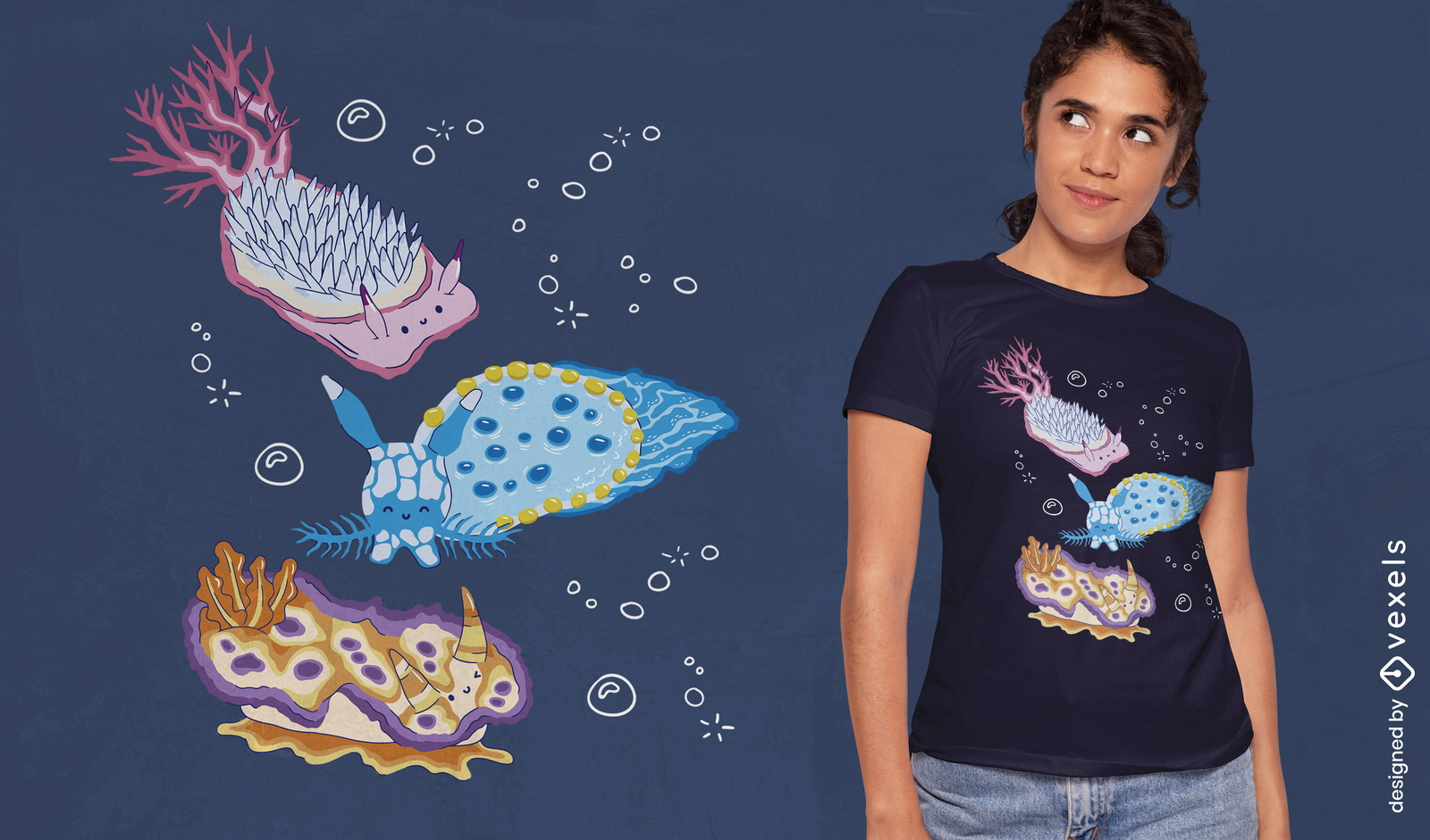 Diseño de camiseta de moluscos nudibranquios kawaii