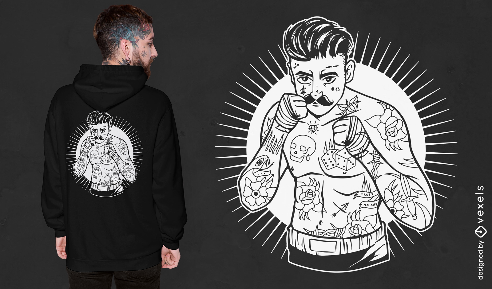 Diseño de camiseta de boxeador tatuado de la vieja escuela