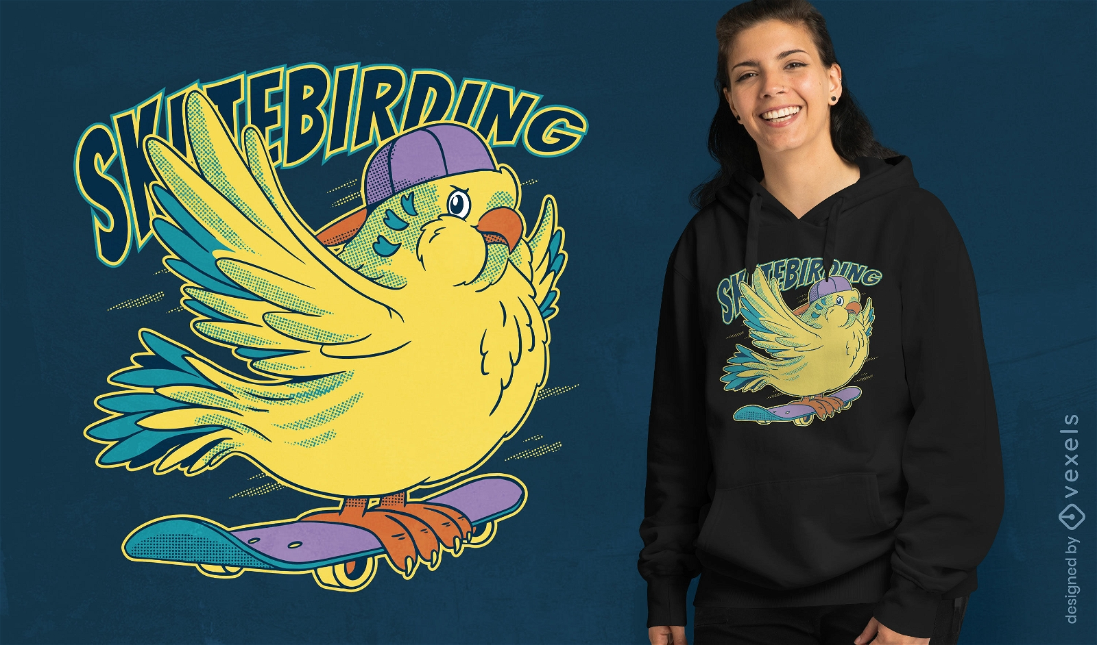 Diseño de camiseta de pájaro patinador