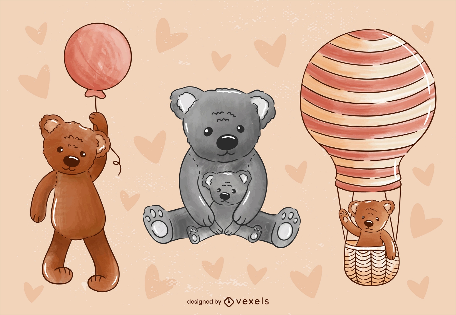 Three teddy bears animals cute set