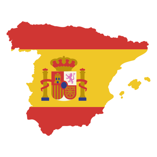 Mapa estilizado de España con diseño de bandera y escudo de armas. Diseño PNG