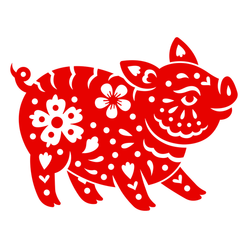 Ilustración de un cerdo rojo vibrante con motivos florales Diseño PNG