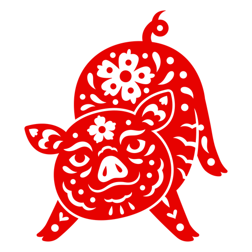 Ilustración de un cerdo rojo vibrante con elementos florales Diseño PNG