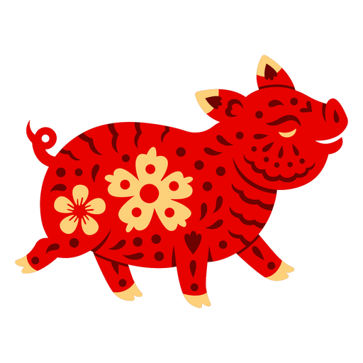 Ilustración divertida de un cerdo rojo con motivos florales Diseño PNG