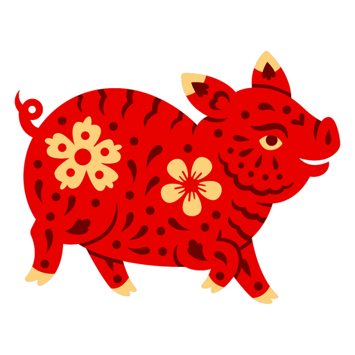 Ilustración divertida de un cerdo rojo con detalles florales Diseño PNG