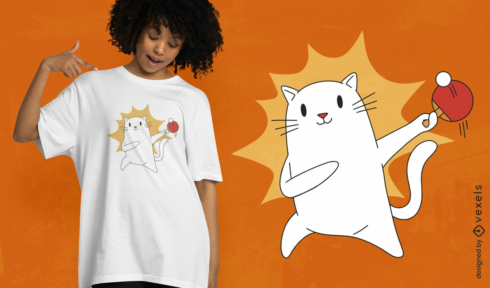 Diseño de camiseta de dibujos animados de gato de ping pong