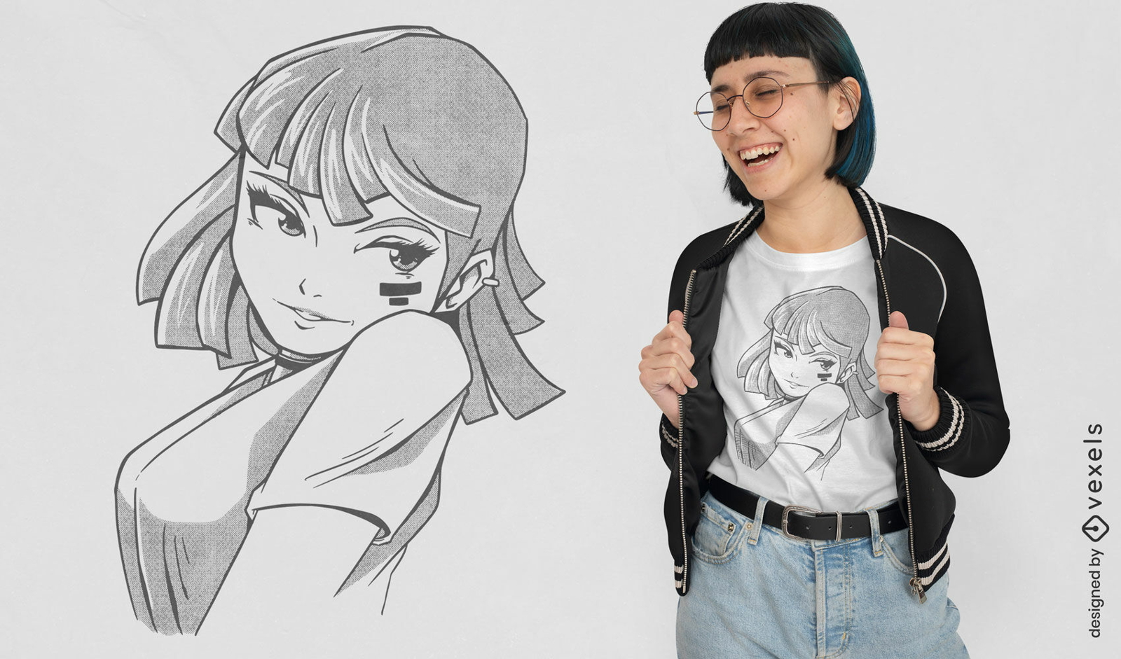 Diseño de camiseta de chica anime monocromática.