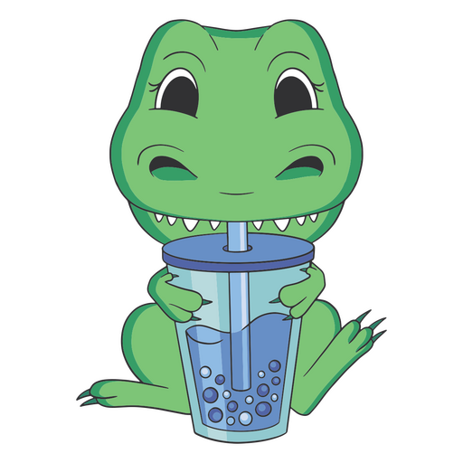Green t - rex drinking from a cup PNG Design