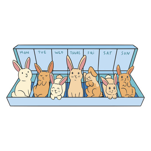 Caja de conejos sentados en una caja azul. Diseño PNG