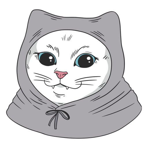 Gato blanco con ojos azules con una sudadera con capucha gris. Diseño PNG