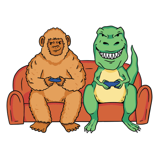 Teddy bear and a gorilla sitting on a couch PNG Design