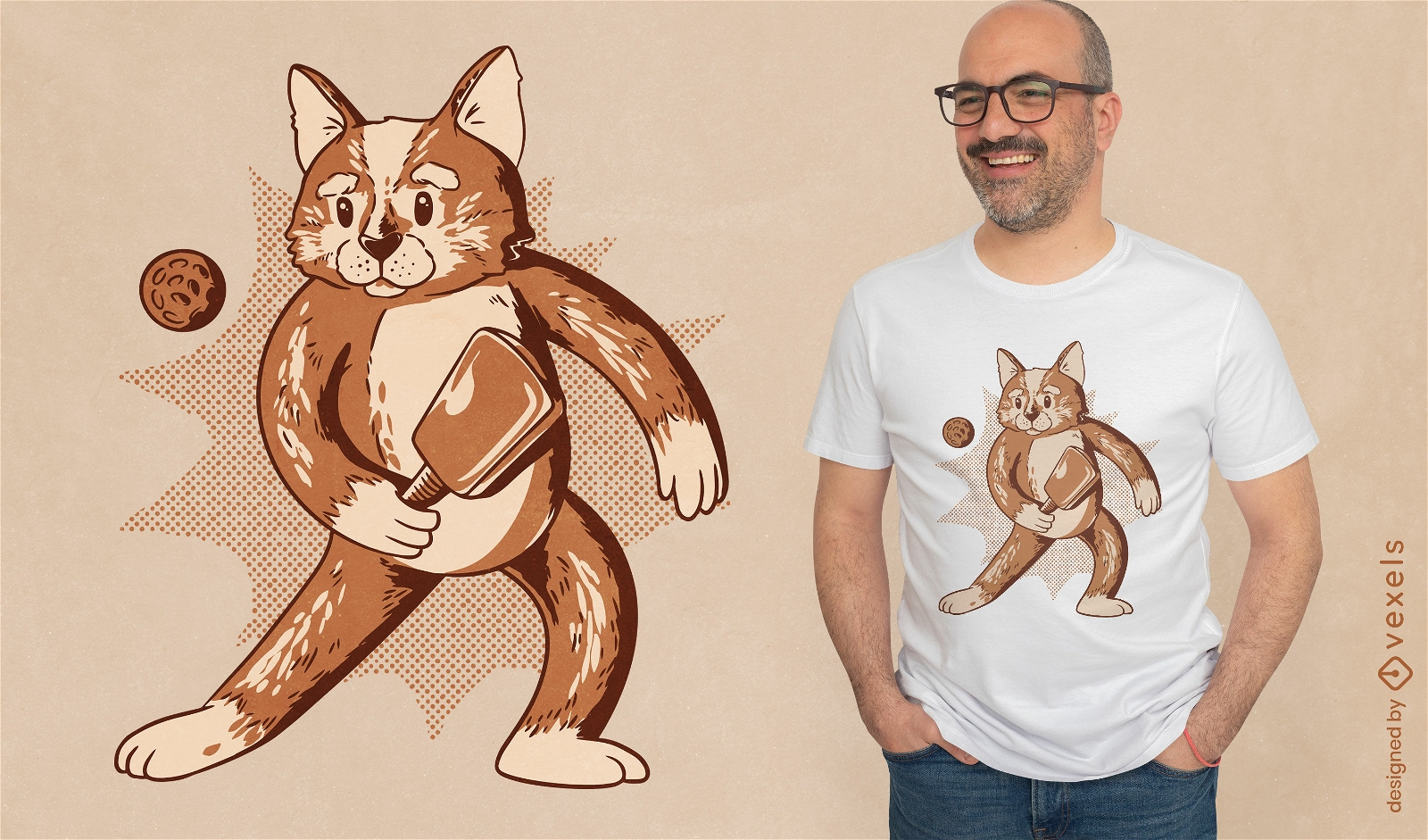 Diseño de camiseta de gato jugando pickleball