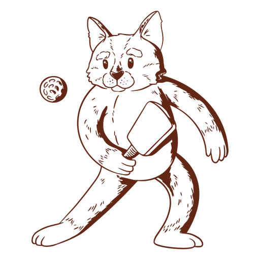 Black and white drawing of a cat holding a tennis ball PNG Design