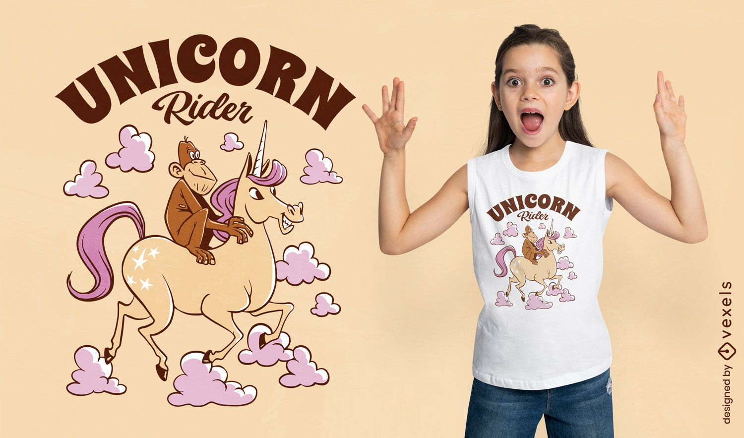 Mono montando un diseño de camiseta de unicornio.