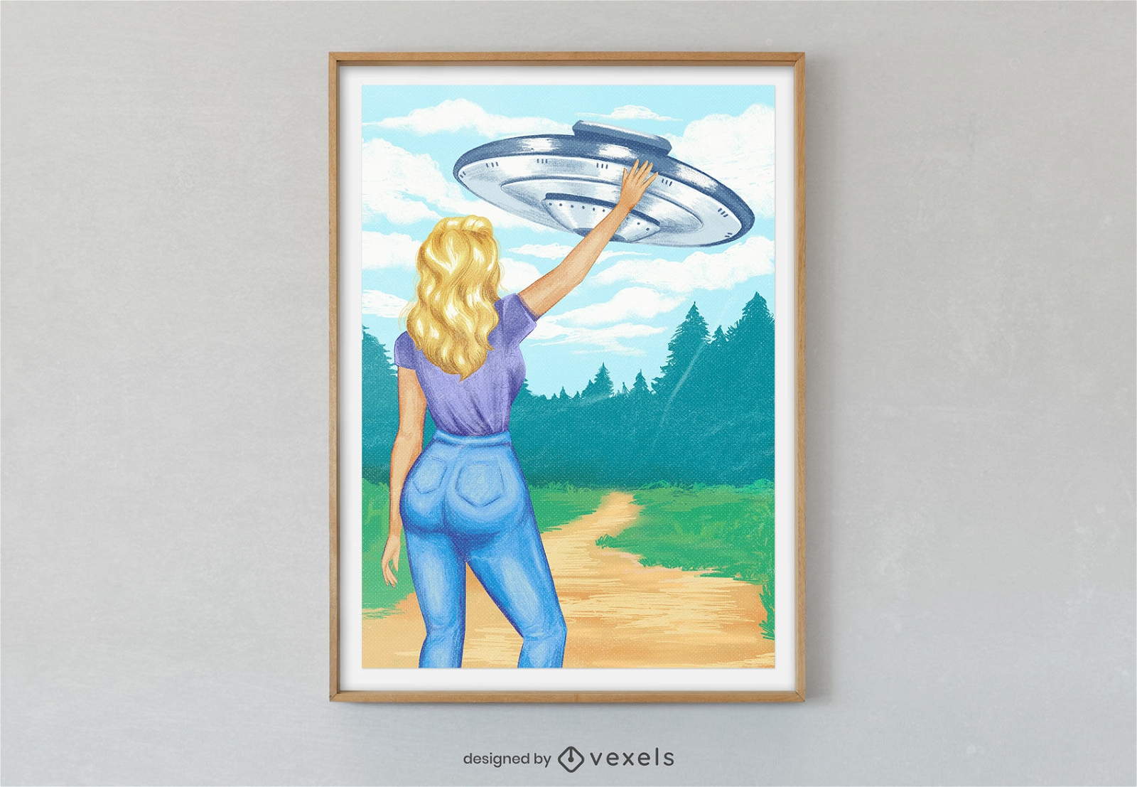 Woman waving at UFO poster design