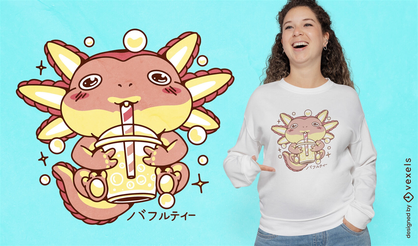 Diseño de camiseta de bebida de té de burbujas Axolotl