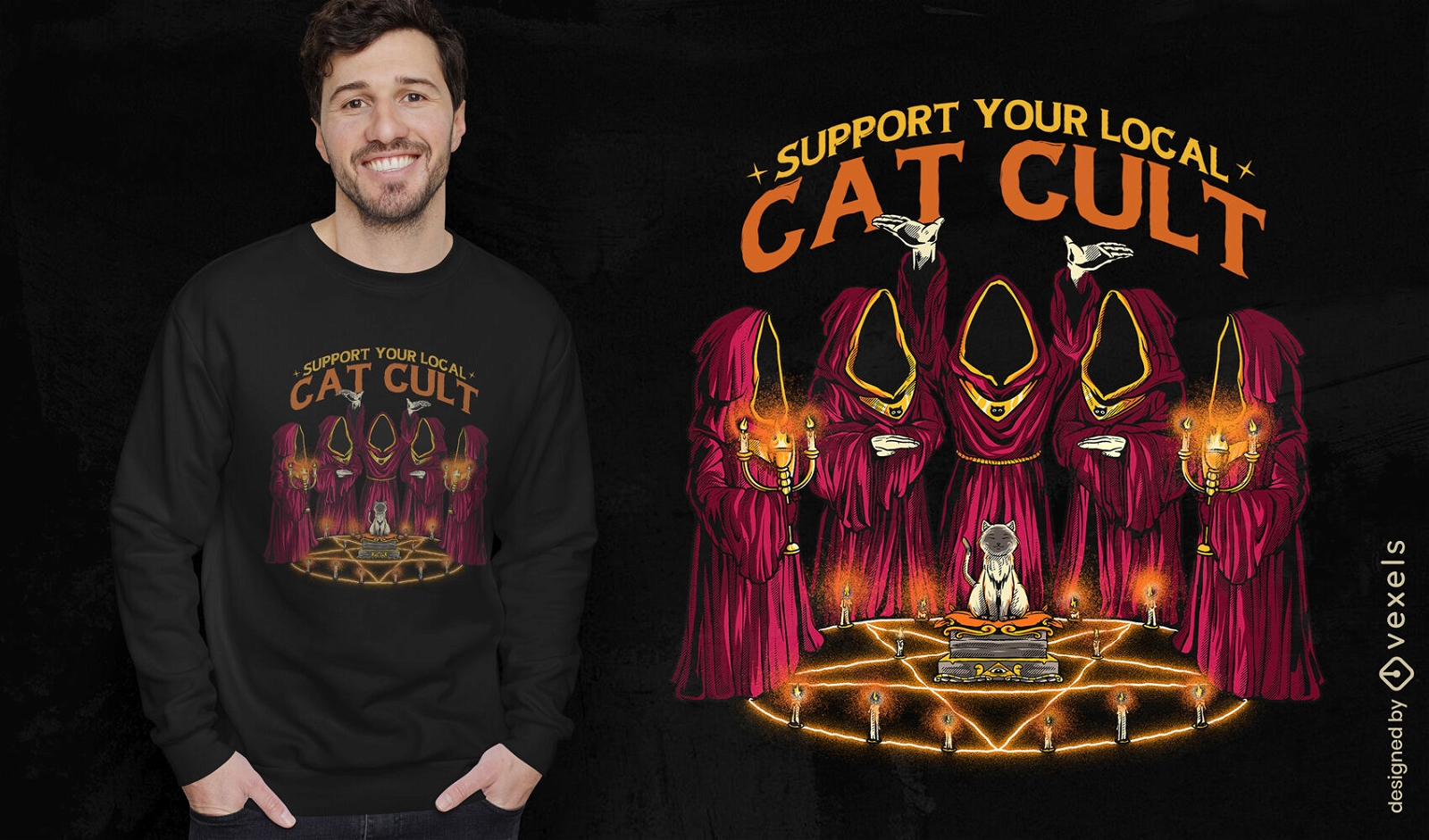 Diseño de camiseta de culto al gato.