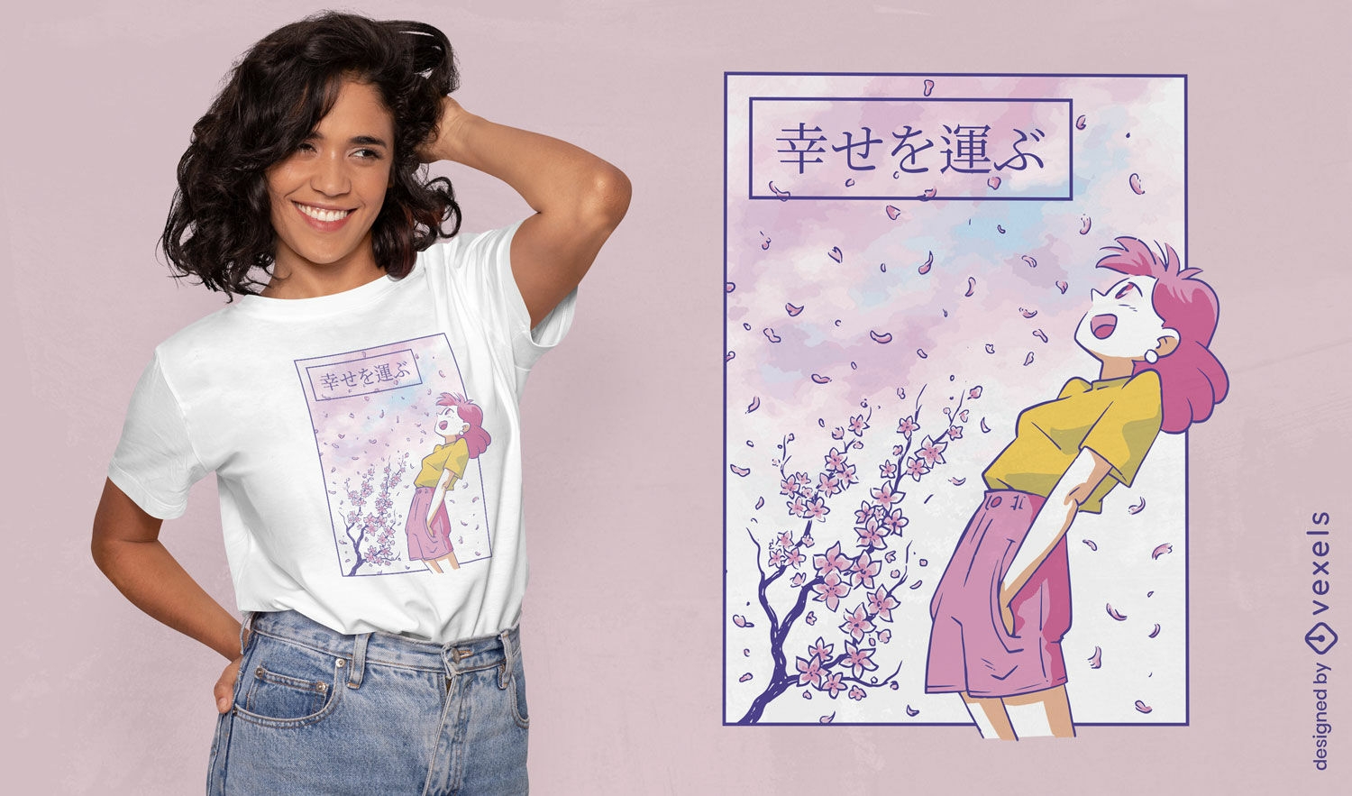 Diseño de camiseta de chica anime rosa pastel