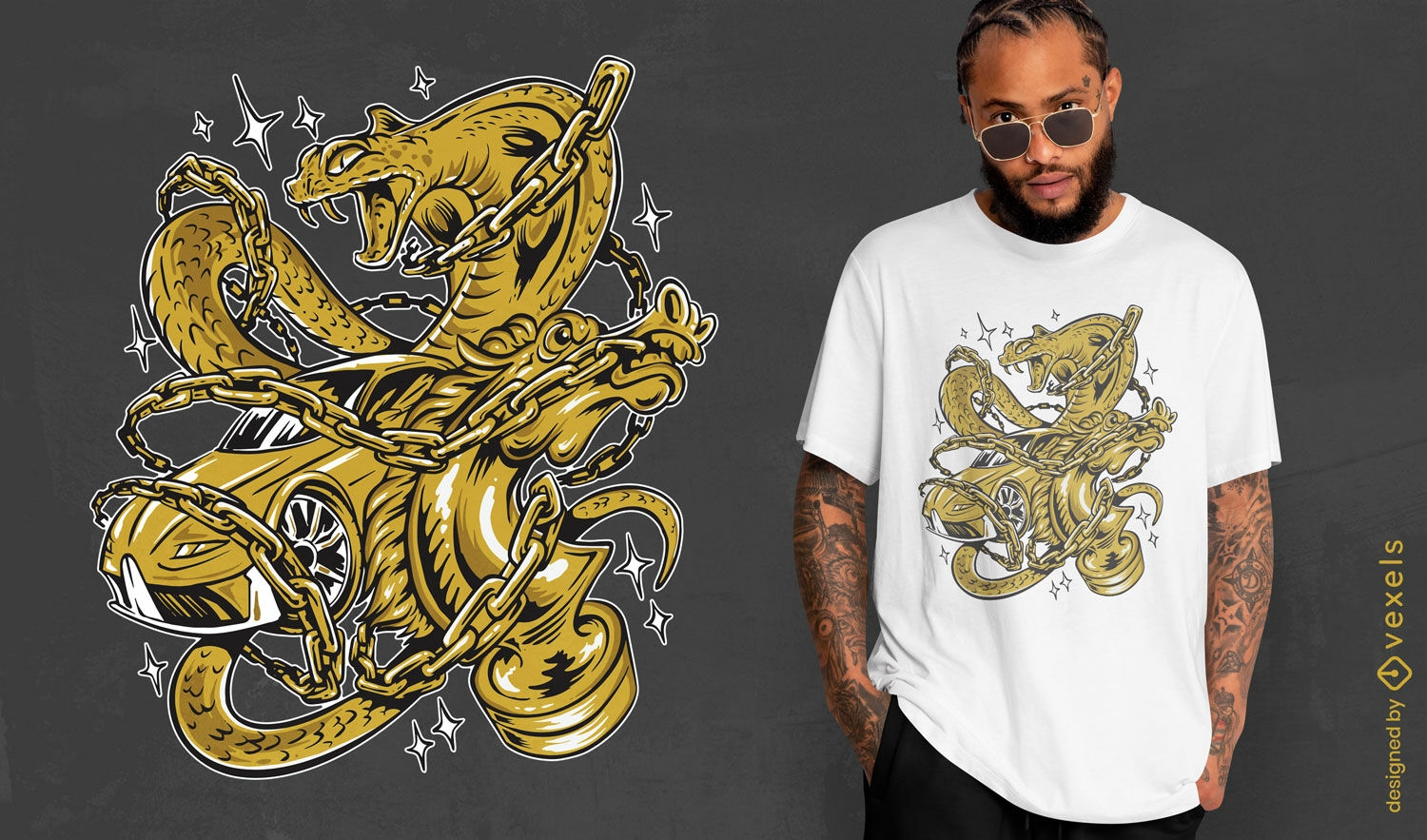 Design de camiseta de cobra e carro de ouro