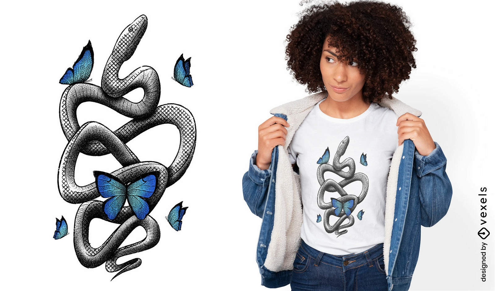 Diseño de camiseta serpiente con mariposas azulesq