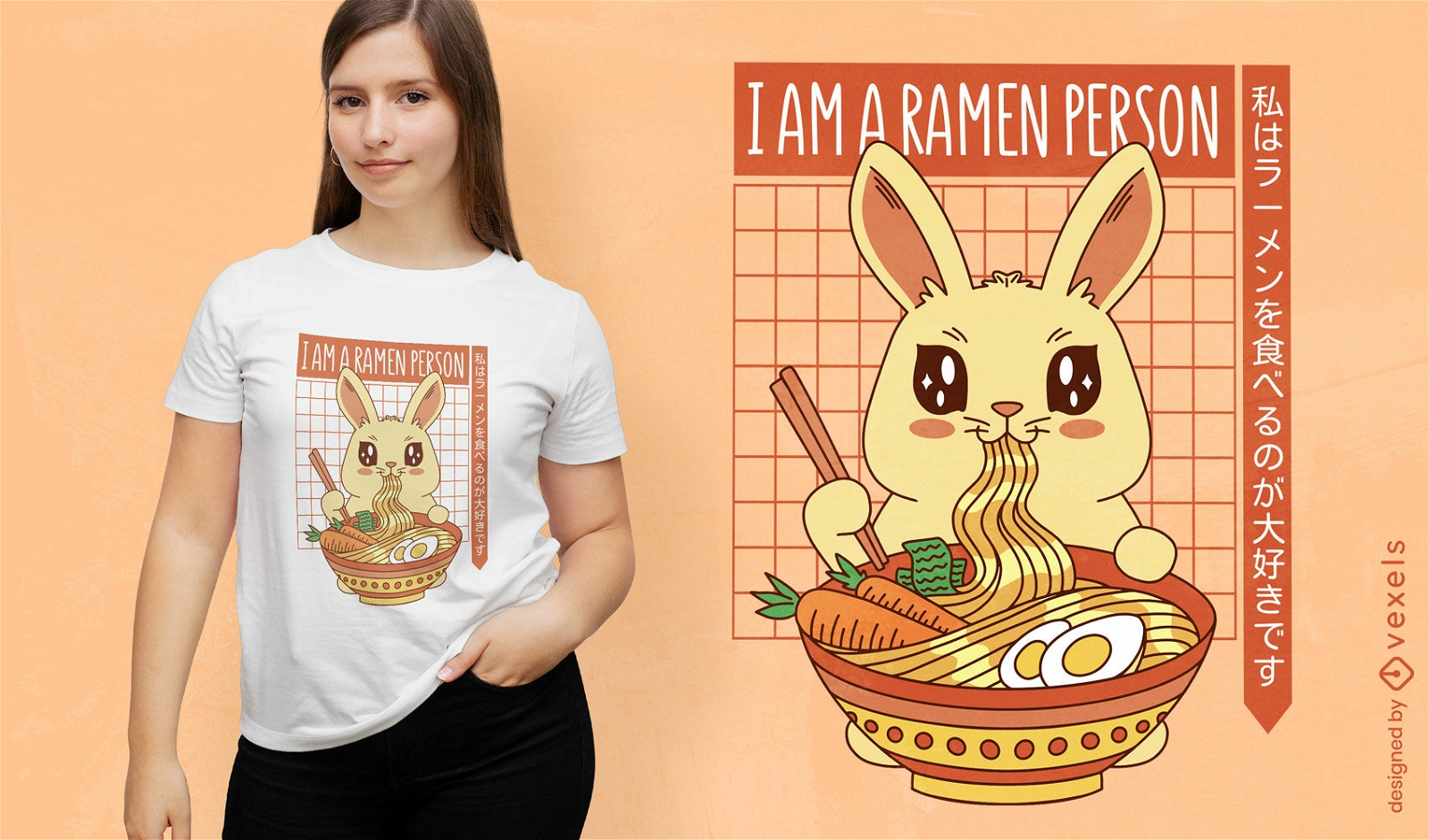 Lindo conejito comiendo diseño de camiseta de ramen