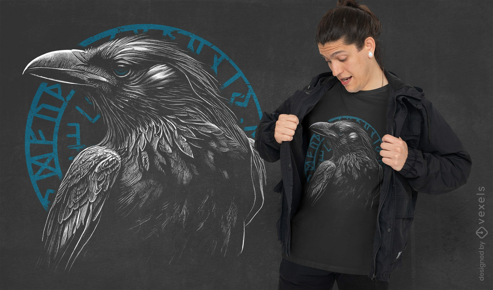 P?ssaro corvo com design de camiseta runa viking