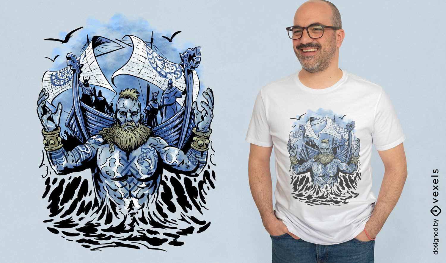 Diseño de camiseta de hombre vikingo con barcos en el mar