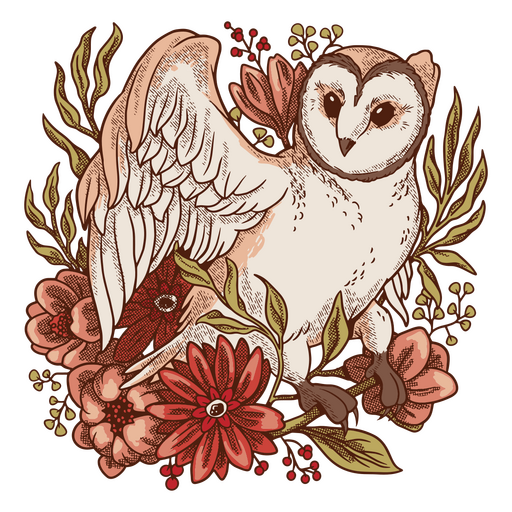 Owl with flowers and leaves illustration PNG Design