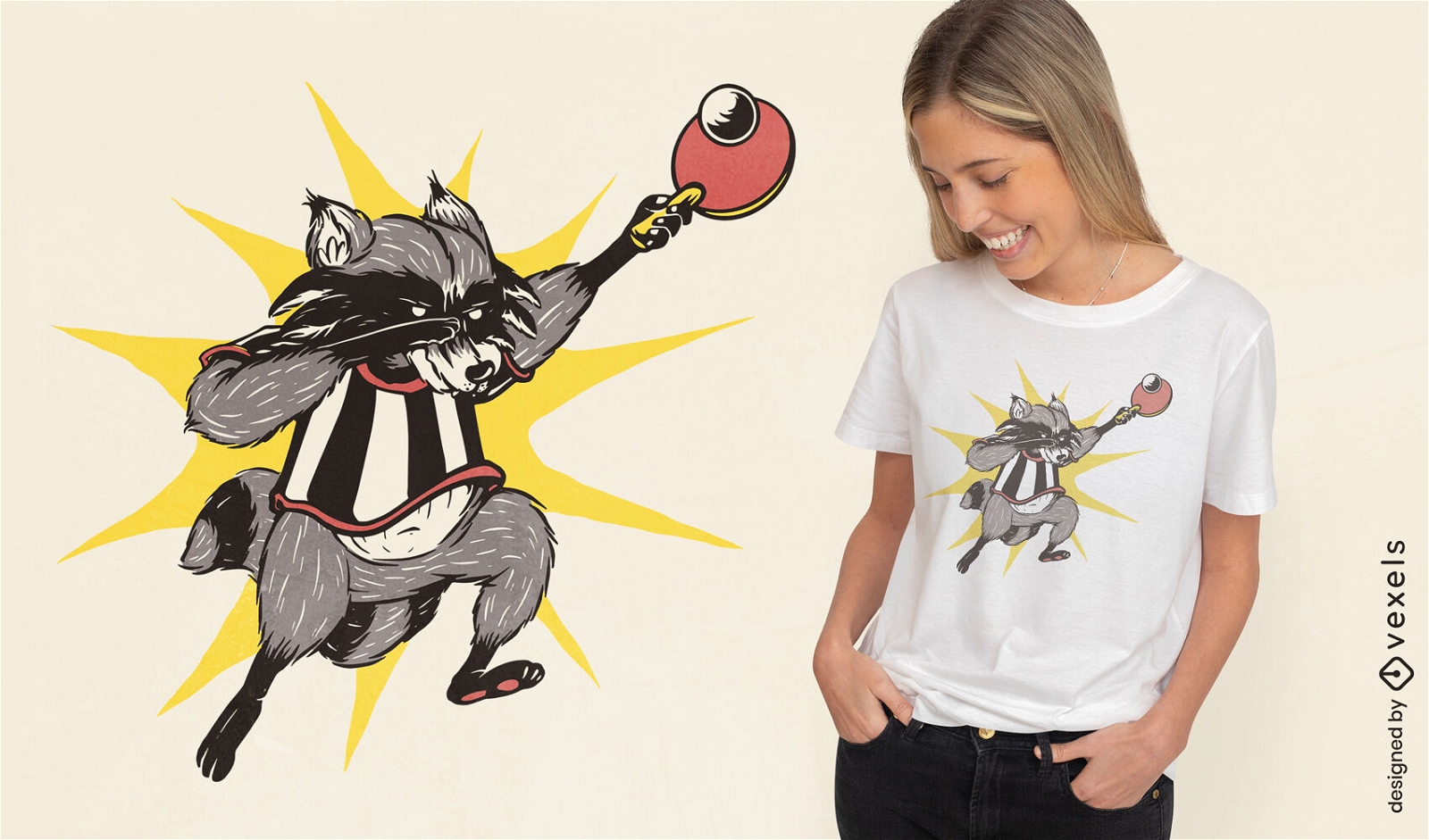 Diseño de camiseta de mapache de ping pong.
